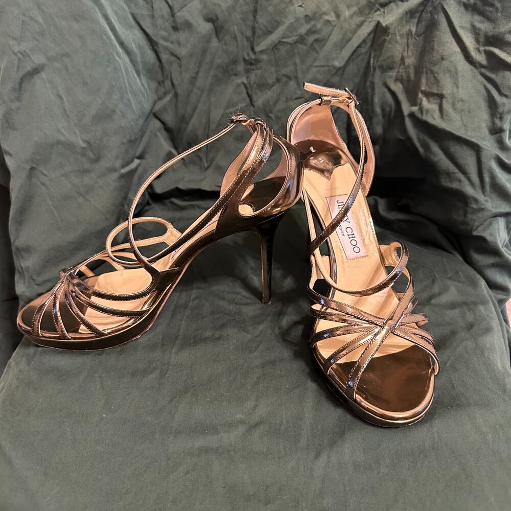 Jimmy Choo Gold Patent Leather Sandals Heels size 39IT (9US)